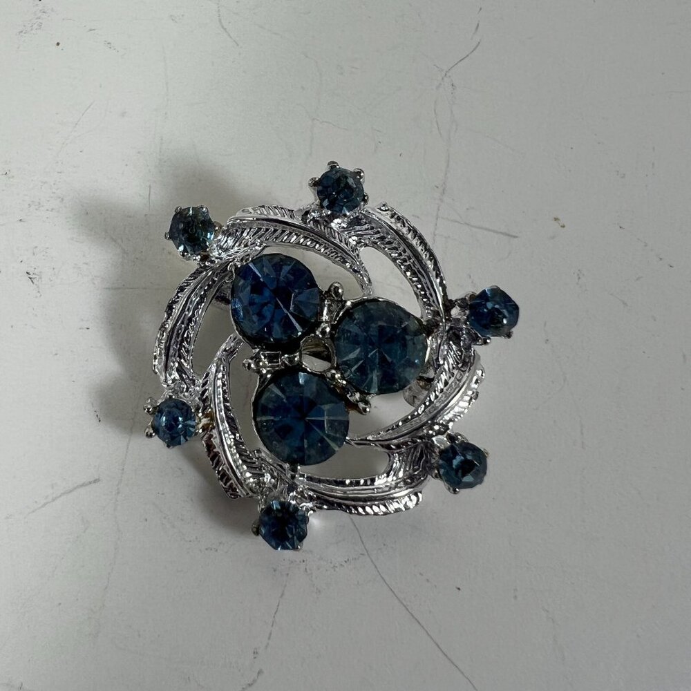 Vintage Silver-Tone Brooch With Blue Rhinestones & Intricate Design